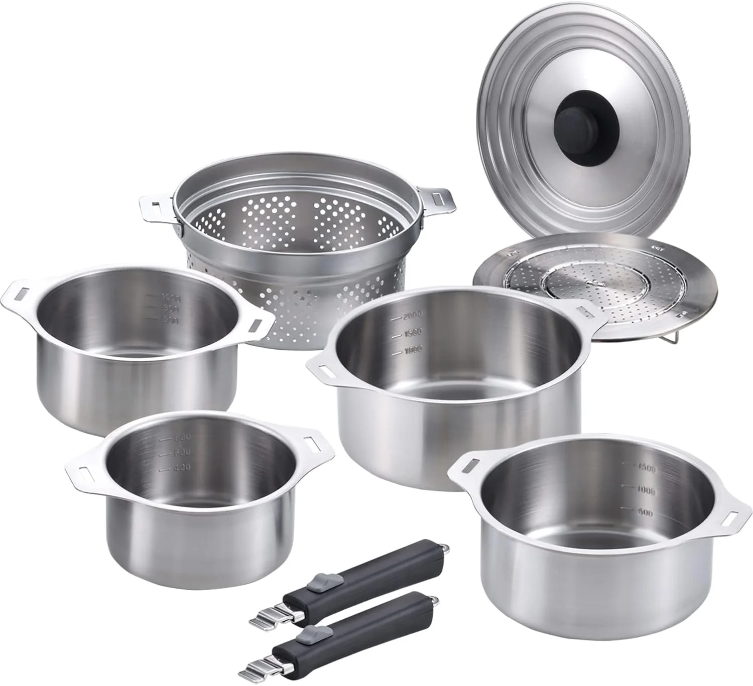 Enzo Stainless Steel Detachable Handle Cookware Set with Steaming Rack & Basket