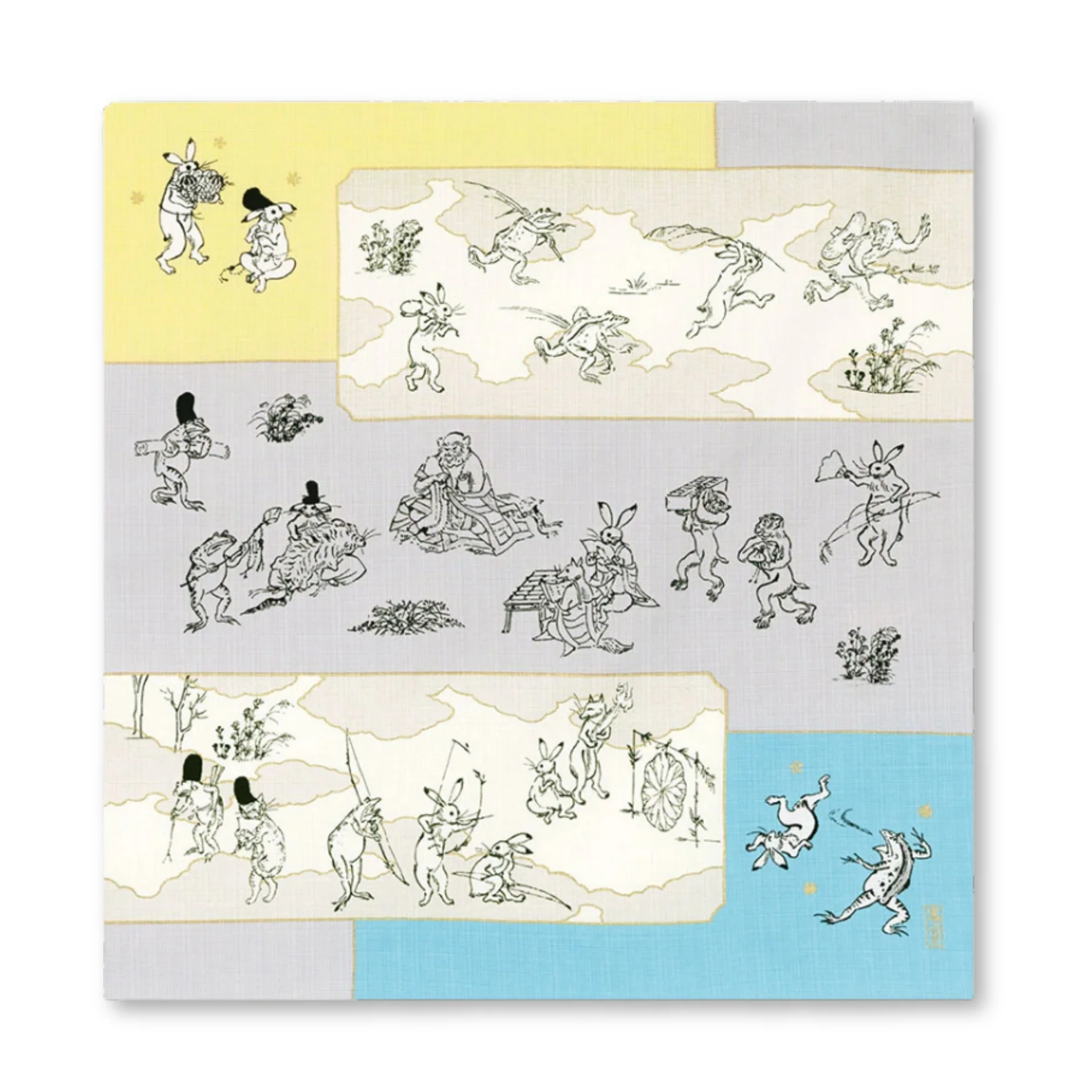 Furoshiki Organic Cotton - Scrolls of Frolicking Animals Blue Yellow 50cm