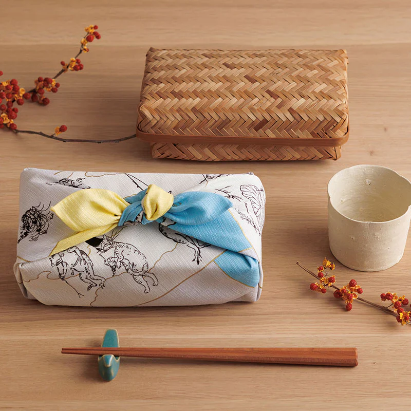Furoshiki Organic Cotton - Scrolls of Frolicking Animals Blue Yellow 50cm - Image 2