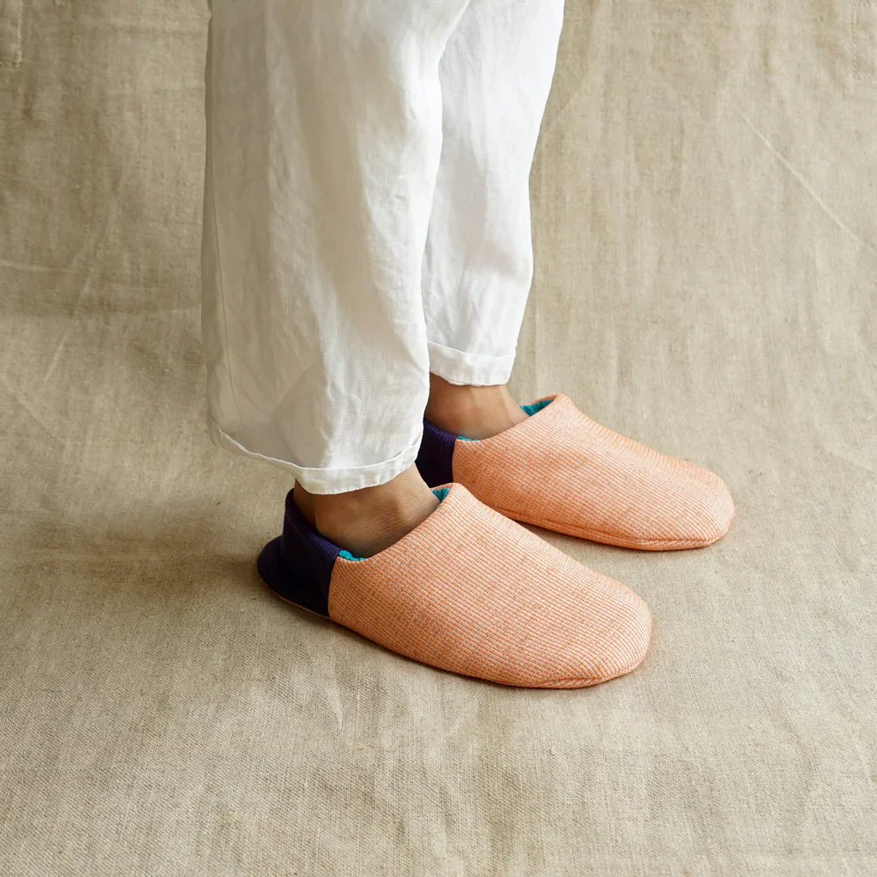 Merippa Mixed Tweed Peach x Soccer Fabric Turquoise Japanese Slippers - Image 4