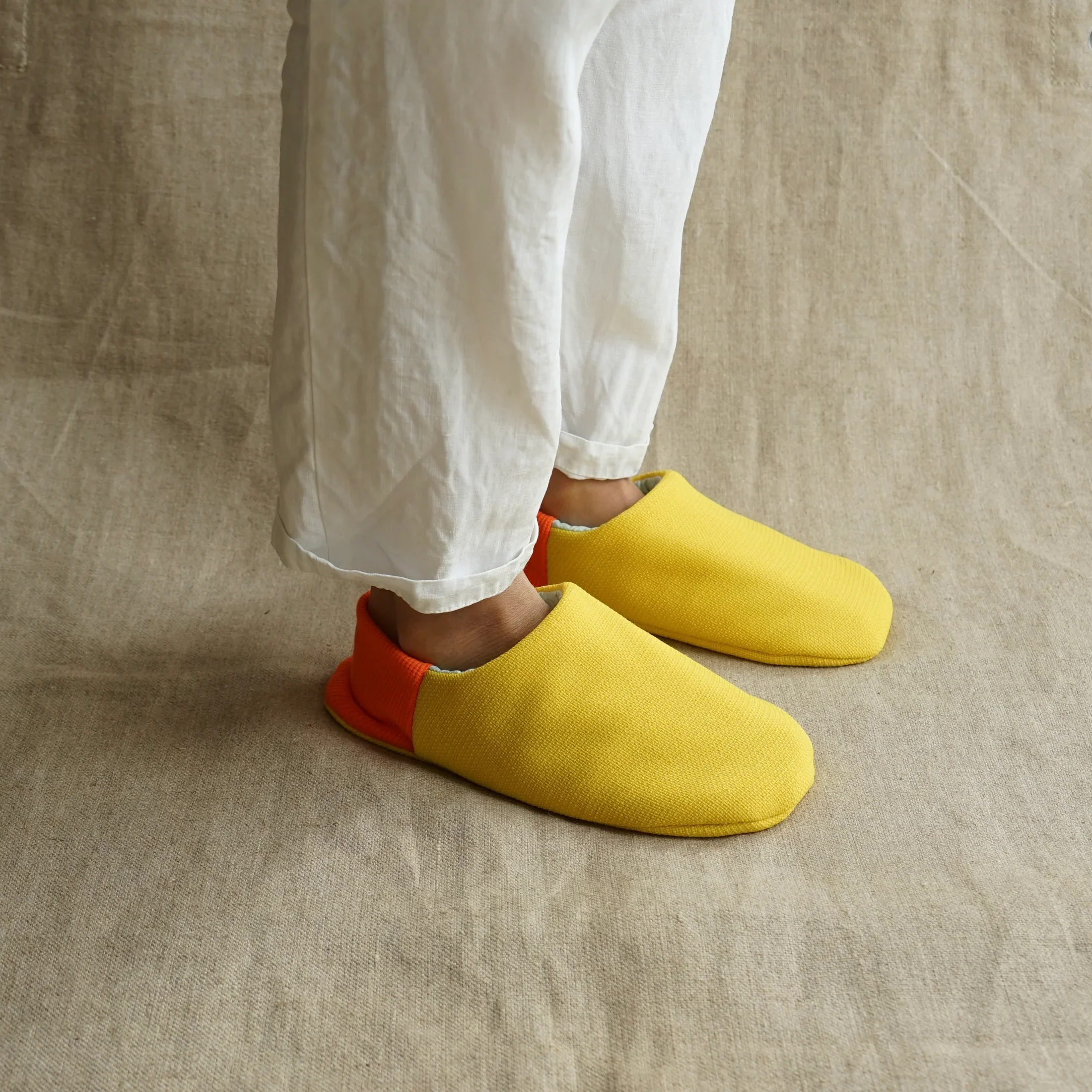 Merippa Mixed Tweed Yellow x Soccer Fabric Mint Japanese Slippers - Image 4