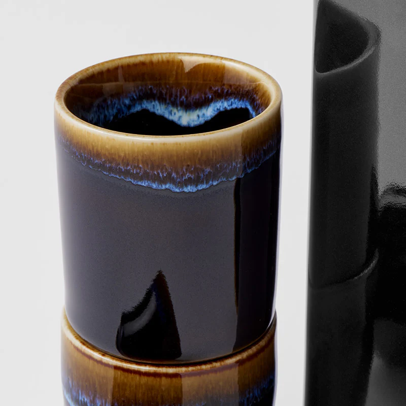 Dark brown with blue line jug & 4 cups boxed sake set - Image 4