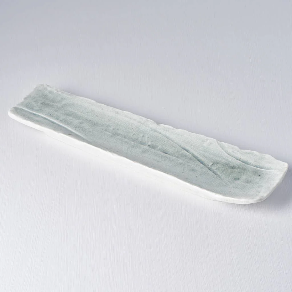 Pale green/grey long organic sashimi plate 36cm